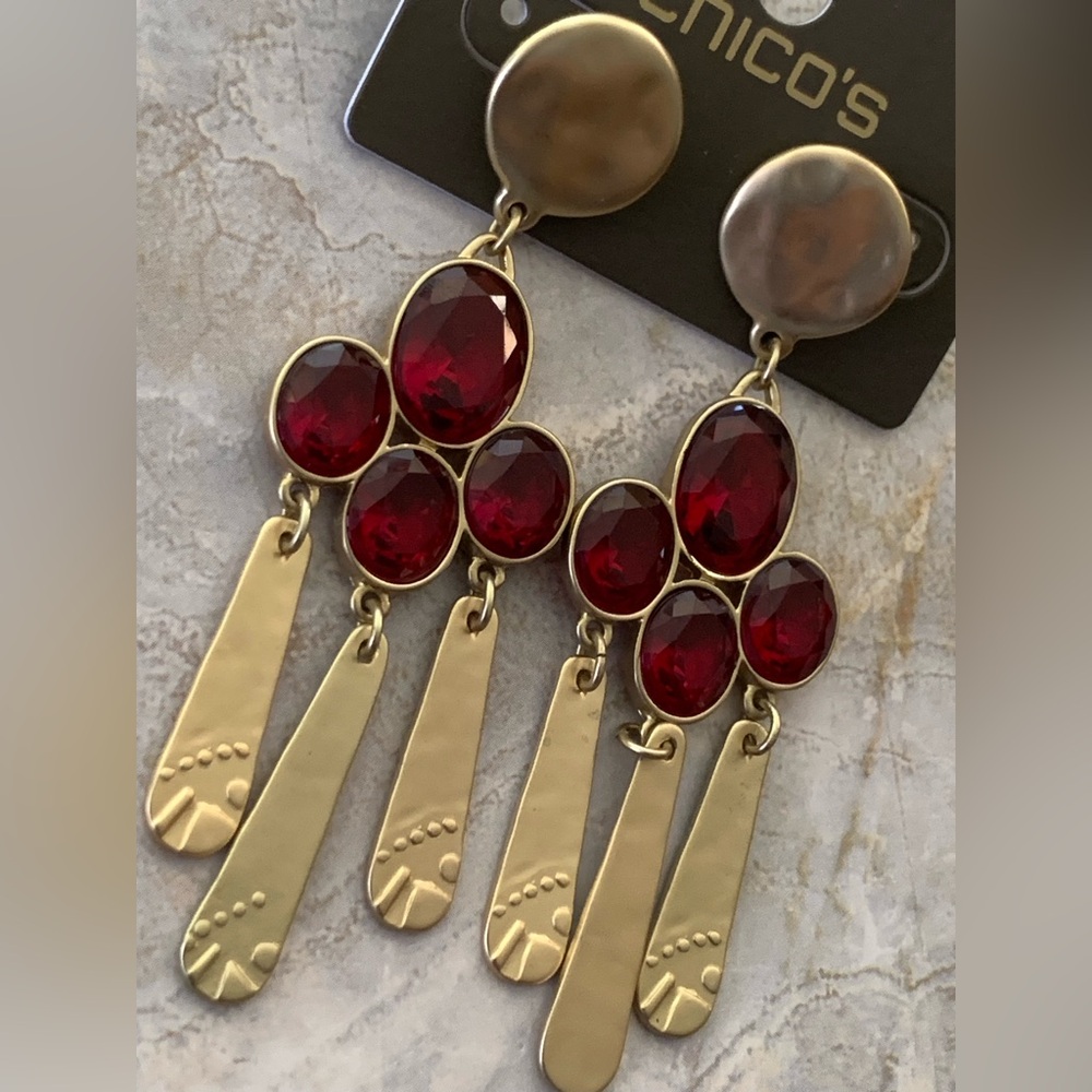 Chico's Viona Red and Gold Chandelier Statement Earrings NWT